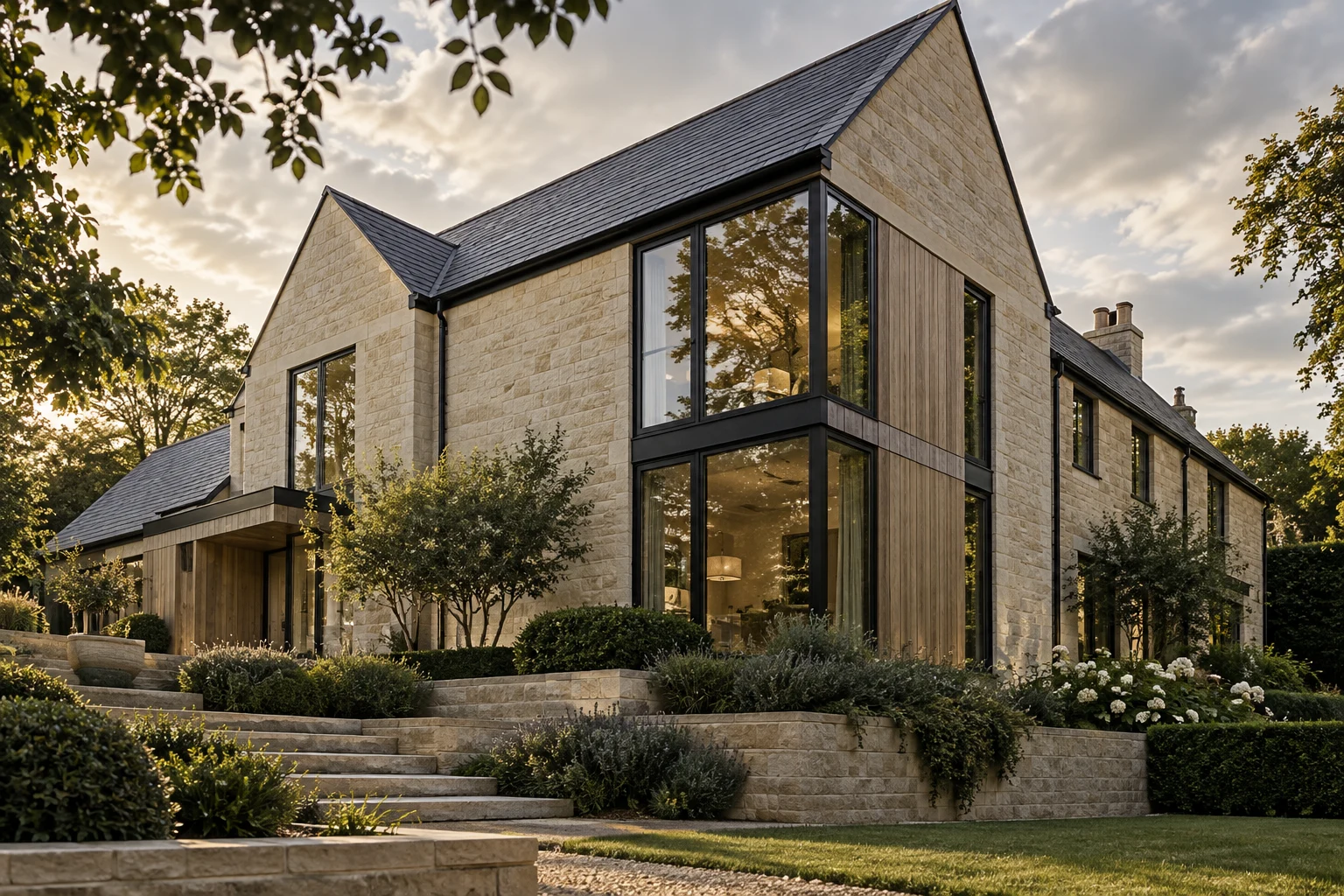 Illustrative architectural view of a contemporary British home with pale stone walls and oak details