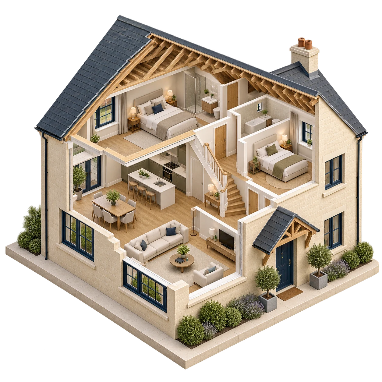 Illustrative 3D cutaway of a two-storey house showing its roof structure, interior rooms and floors