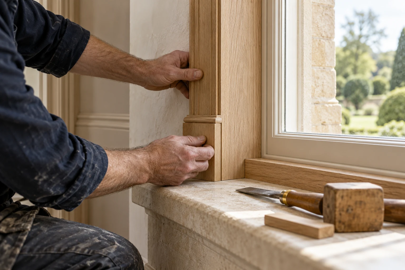Illustrative carpenter carefully fitting oak trim beside a window